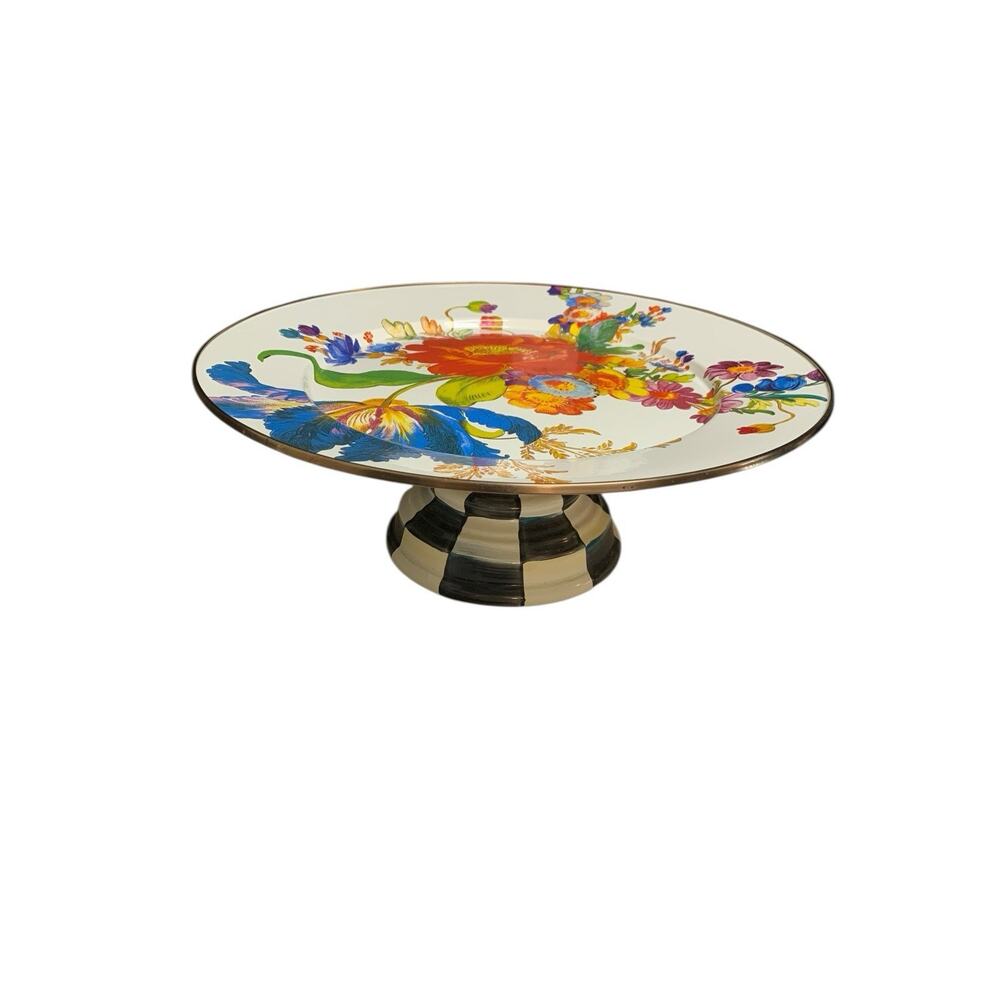 MacKenzie-Childs Flower Market Courtly‎ Check Enamel Pedestal Platter 16 in Bloo